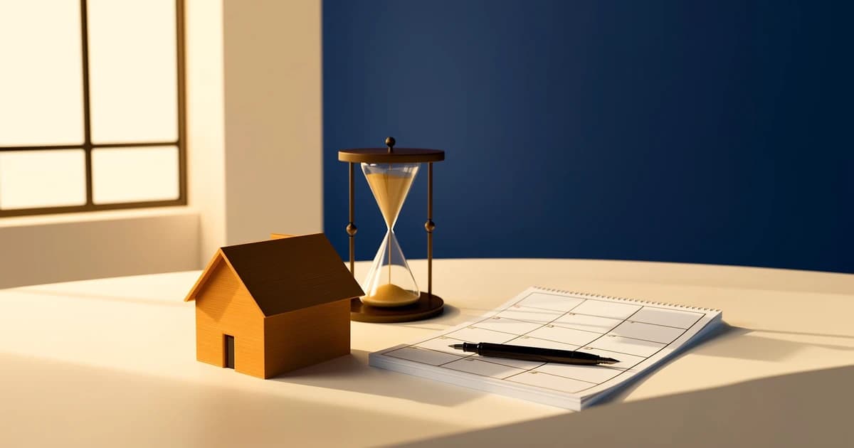 Symbolbild zur Spekulationssteuer bei Immobilien: Holzhaus-Modell neben Sanduhr und Wandkalender auf einem Schreibtisch, mit KI erstellt