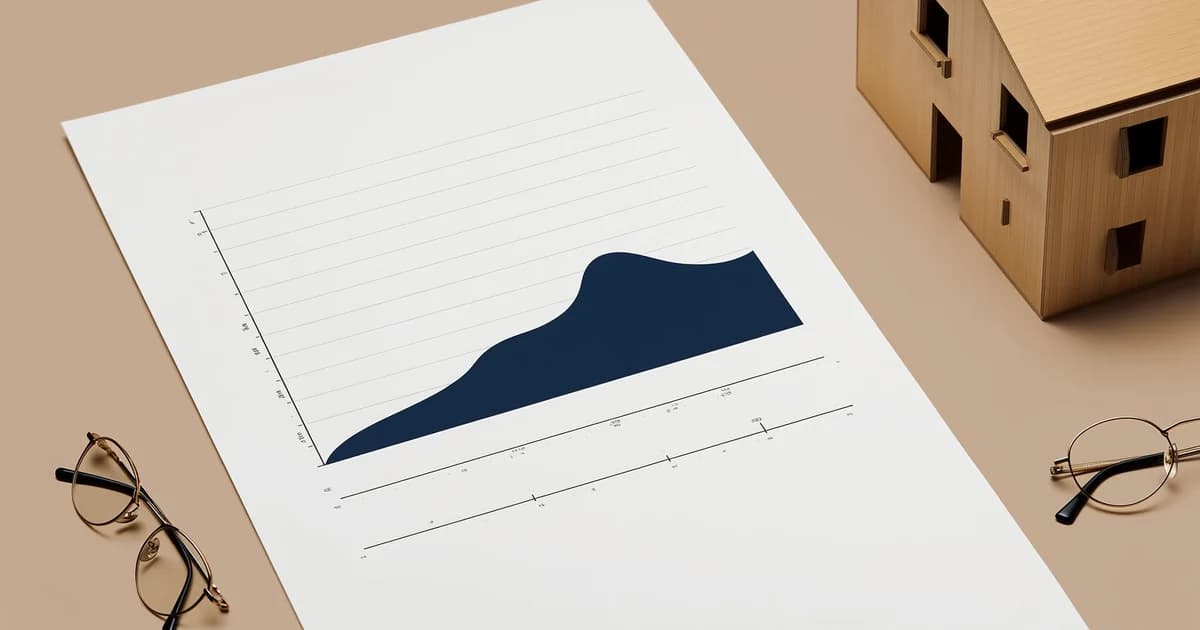 Symbolbild zu Immobilienpreisen in Stuttgart: Kurvendiagramm über einer stilisierten Stadtsilhouette mit Wohnhäusern, mit KI erstellt